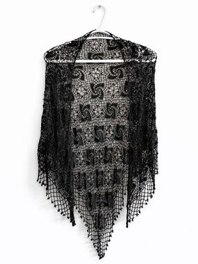 Vintage Crocheted Beaded Lace Shawl with Lattice Trim – OS EUC